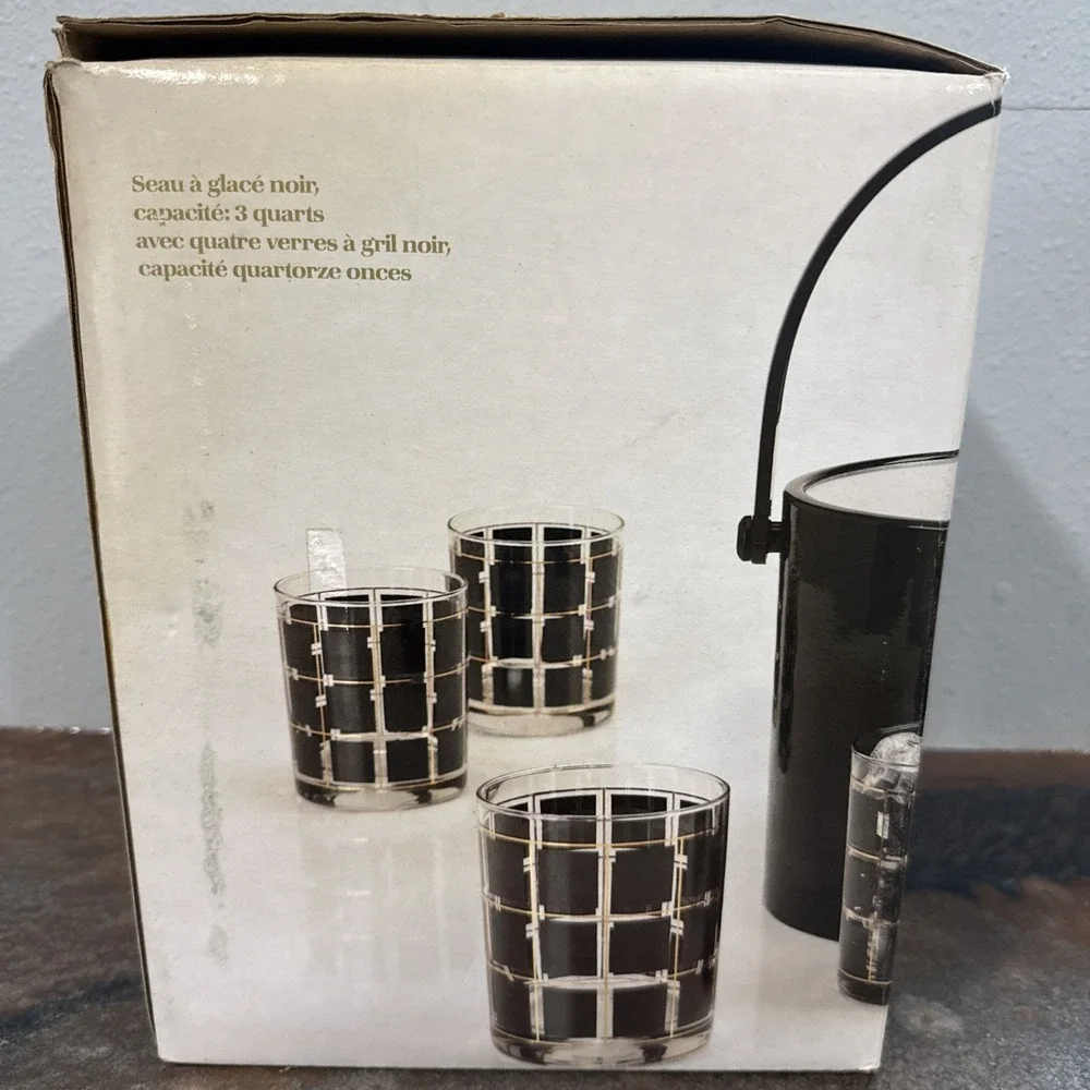 Vintage Shelton-Ware Ice Bucket & 4 Glasses MCM Black Gold Grid Barware Set NIB